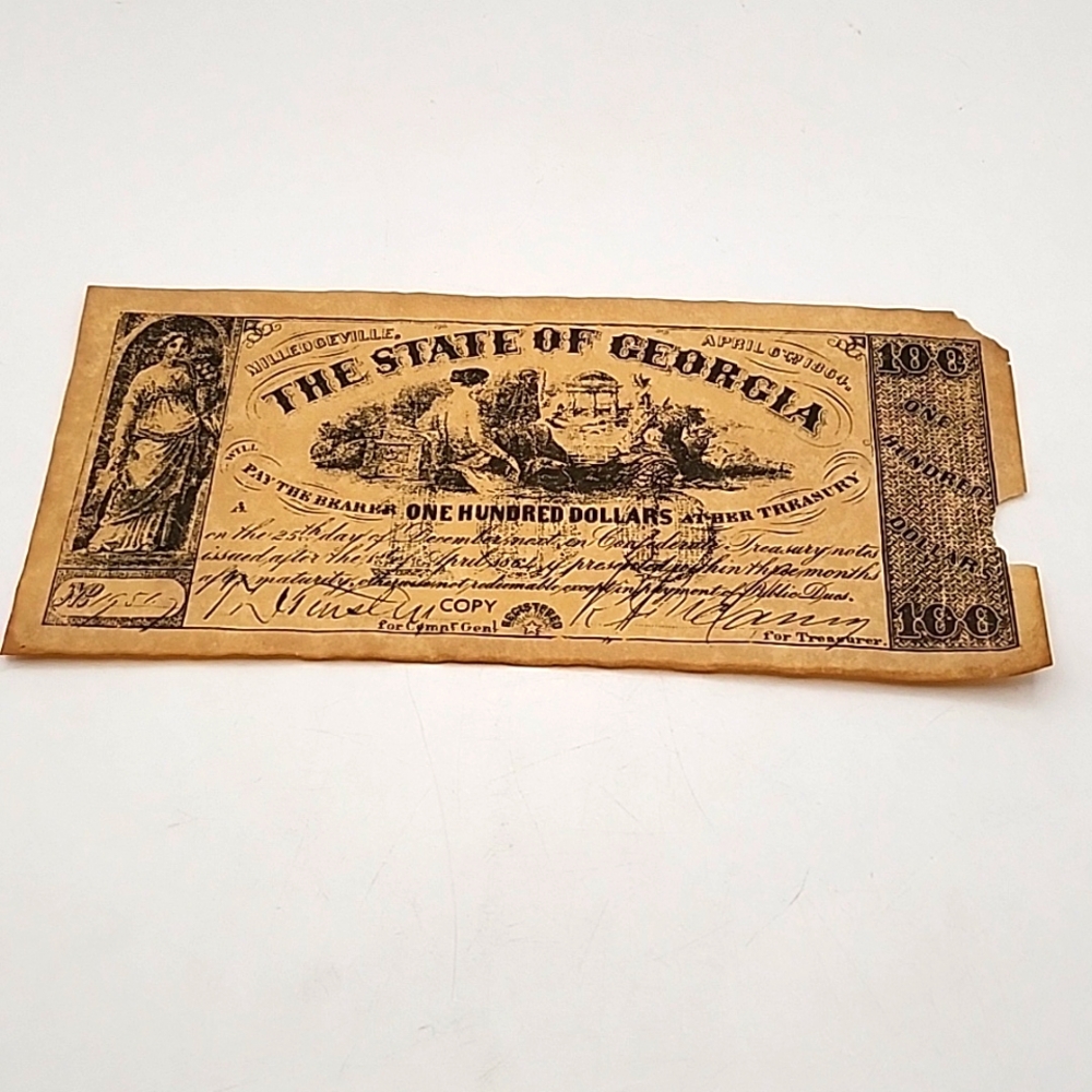 1864 The State of Georgia One Hundred Dollars Bank Note Copy